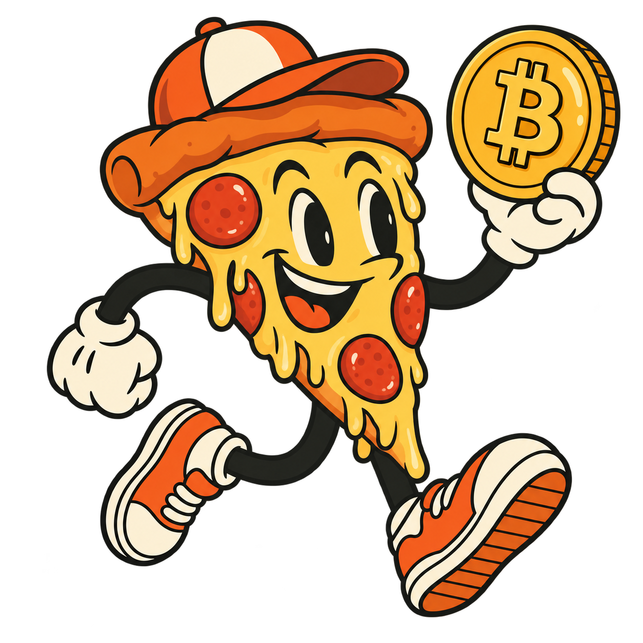 A grinning comic pizza delivery mascot carrying a Bitcoin coin